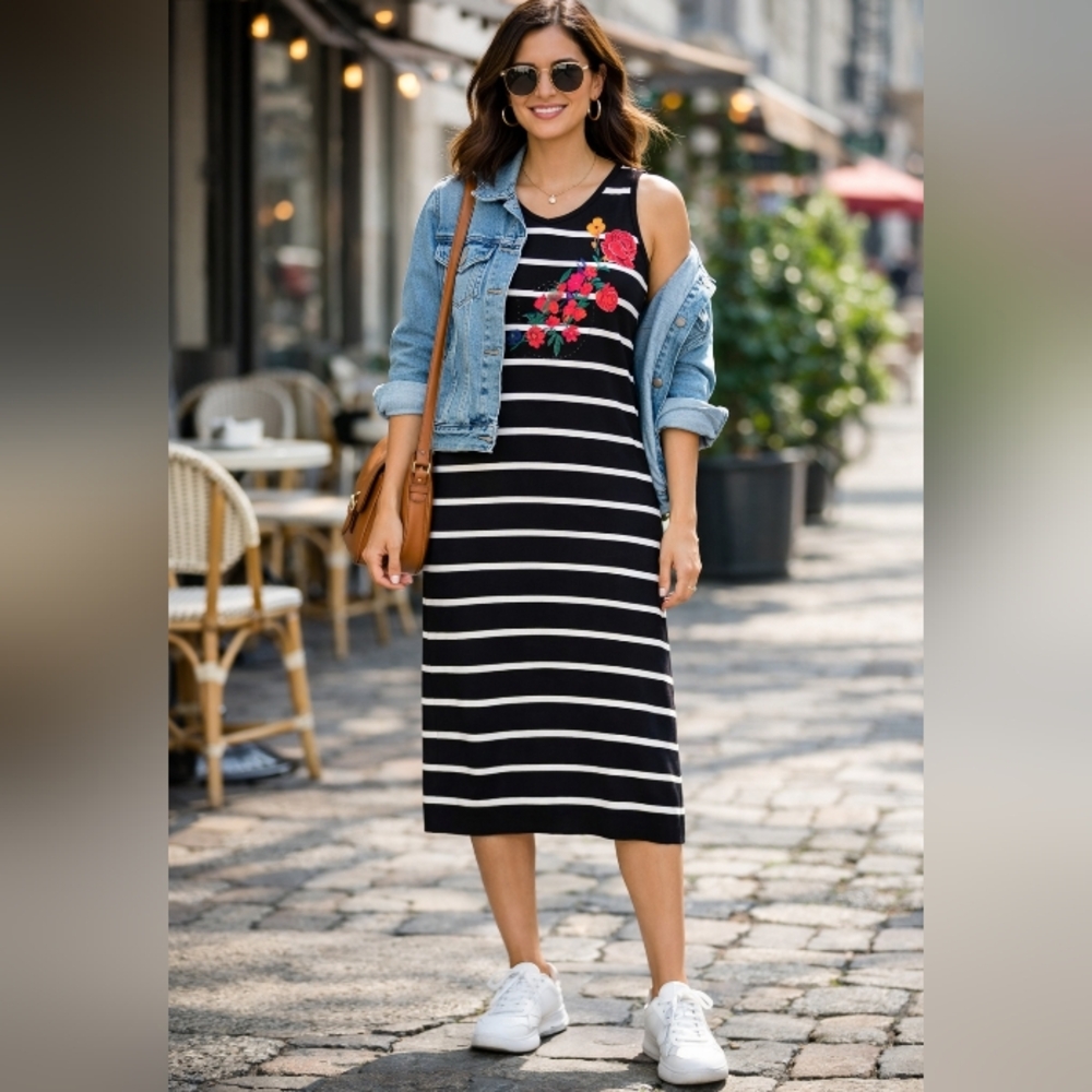Desigual Viscose Blend Black White Striped Floral Sleeveless Midi Dress